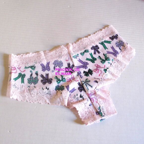 PINK Victoria Secret Cotton Ribbed Cheeky Panty S M L XL Lace Trim Bows Pink - Picture 7 of 7